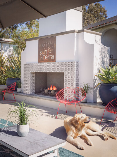 Outdoor lounge at Sunterra featuring a tiled fireplace, modern seating, lush greenery, and a relaxed golden retriever enjoying the space.