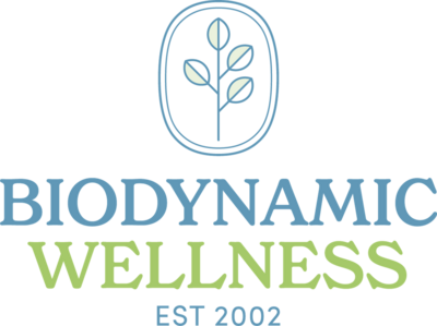 Logo with a serif font and the words "Biodynamic Wellness - est 2002" and a branch illustration.