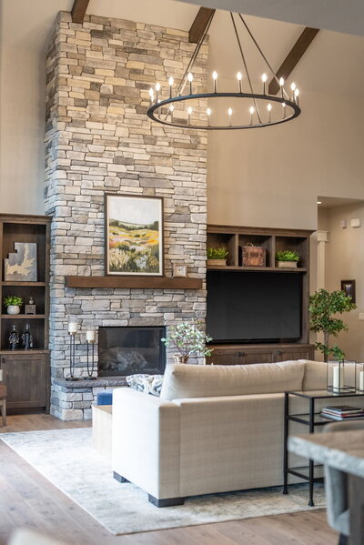 Elegant, modern great room of Pisina new construction project designed by Spokane interior designer Sarro Design.