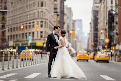 nyc street with a wedding couple
