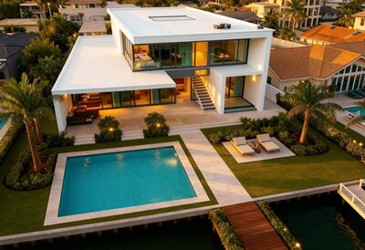 Premium exterior render for a waterfront redevelopment listing