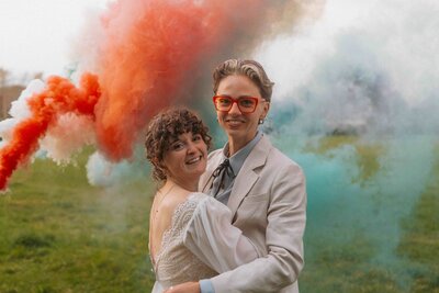 Bride and Groom have fun with their bridal party on their wedding day. Captured on film but fun wedding videographer, HC Visuals