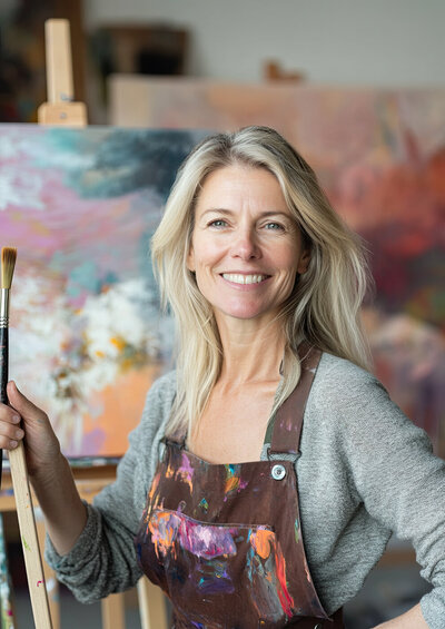 A personal branding photo of a female artist with blonde hair posing  in front of an easel with an abstract painting.