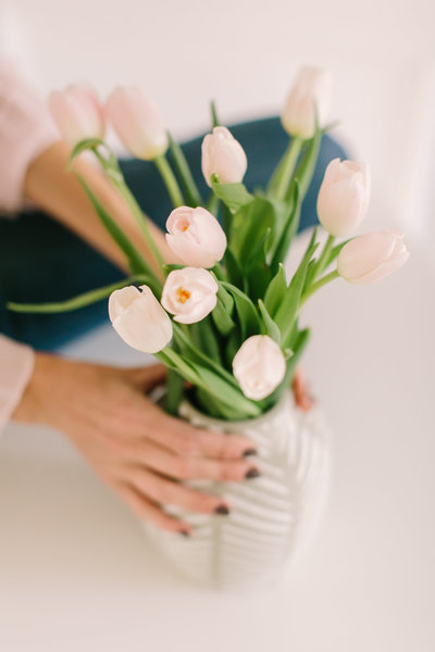 Tulip arrangement with Anthropologie vase.