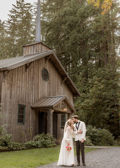 Wedding at Camp Colton with Bride and Groom outside of the chapel