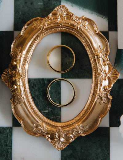 Wedding Band of bride and groom flat lay photo