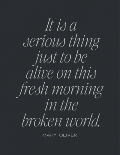 Elegant typographic art print featuring the Mary Oliver quote, “It is a serious thing just to be alive on this fresh morning in the broken world.” Designed by Sweet Pea Ink Creative, a boutique brand strategy and Showit web design studio for midlife women building soul-aligned brands.
