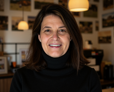Leslie Hansen smiling warmly in a black turtleneck, standing in a cozy, well-lit office space.