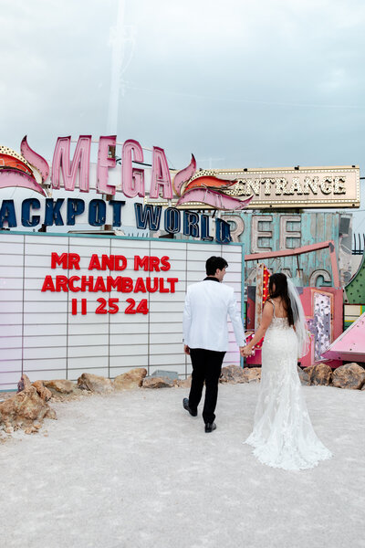A custom marquee sign for a bride and groom at their Neon Museum wedding