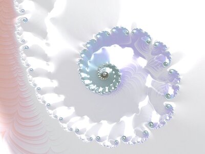 A shimmering spiral fractal in soft shades of pink, lavender, silver and white.