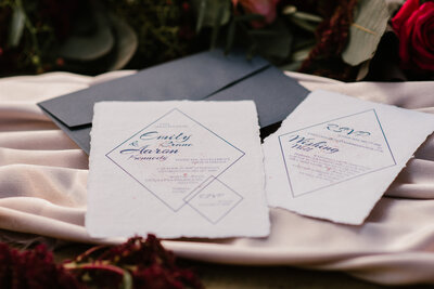 Indie handmade cotton paper wedding invitations wth diamond graphic and dark blue envelope