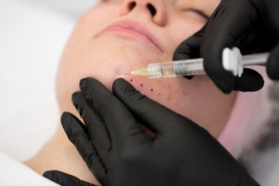 White woman getting a PRP treatment on her chin.