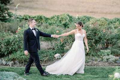 A bride and groom take portraits at Rosewood Event Center at their Petaluma CA Wedding in the SF Bay Area