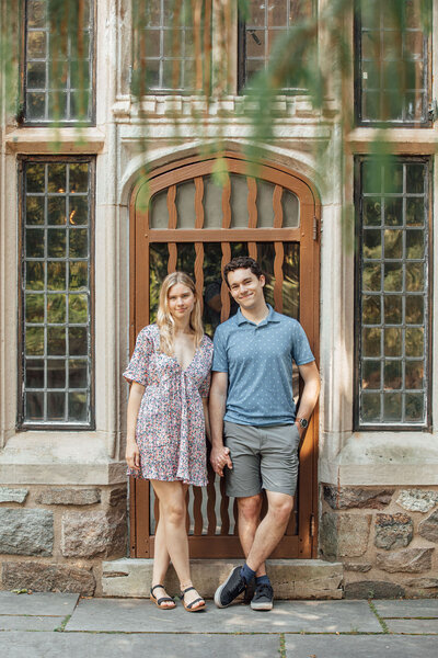 Sayen House & Gardens | Couple under string lights during summer engagement photo | Hamilton Township, New Jersey