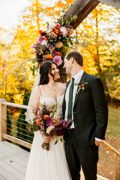 Acadia National Park bridal portrait in October with vibrant fall foliage