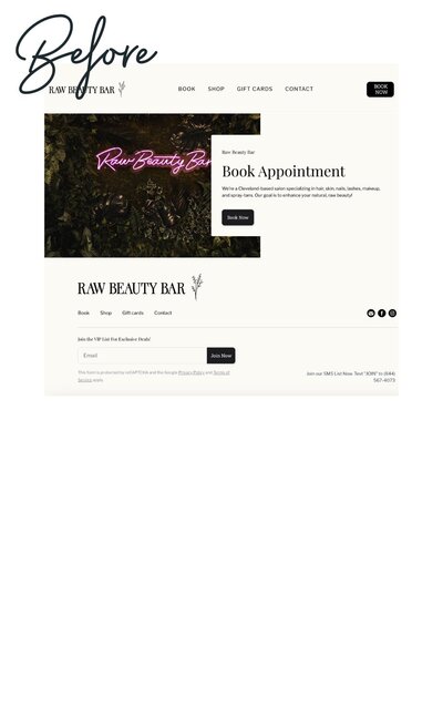 Before image of Raw Beauty Bar’s website, showing the original design prior to the redesign.