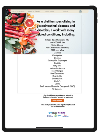 Website design for "Good Gut Nutritionist" before the refresh, showcasing the original layout and color scheme.