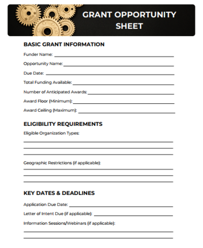 An iPad screen showing Clockwork Scribe Consulting's grant opportunity summary sheet.
