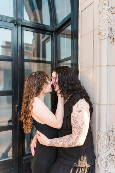 The Maven Hotel denver wedding with bride and groom embracing each other on a street corner outside Union Station in Denver