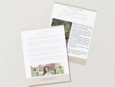 senior portrait guide template for photographers showing two different pages
