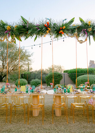 Bloom and Blueprint styled and planned this bold and tropical inspired table at a wedding reception at a private estate in Scottsdale, AZ. 