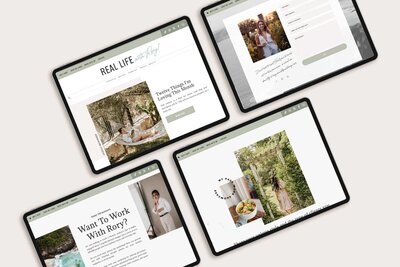 Four screens displaying various websites, showcasing a vibrant showit template design and layout options.