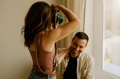 A confident man walking outdoors in casual clothing, smiling naturally during a lifestyle portrait session—showcasing how authentic, well-lit dating photos attract real connection online.