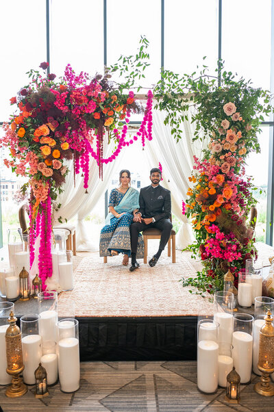 Wedding reception with large floral installation