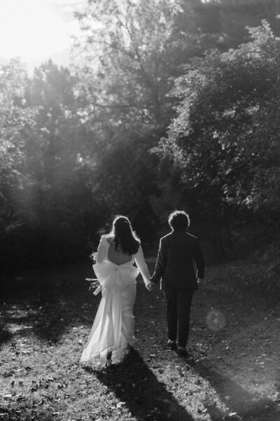 Bride and groom holding hands walking away from camera