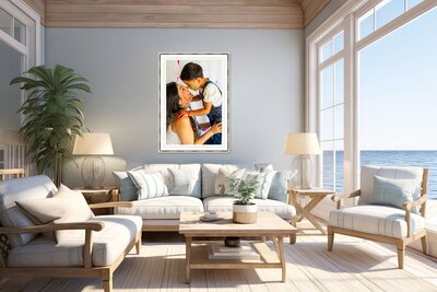 Bright coastal living room with framed family portrait hanging above a sofa, showcasing heirloom wall art display – captured by Capture Joy Photography, Northern Virginia family photographer