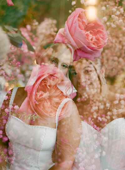 double exposure of brides with flowers at hylabrooke estate in new hampshire taken by boston documentary wedding photographer