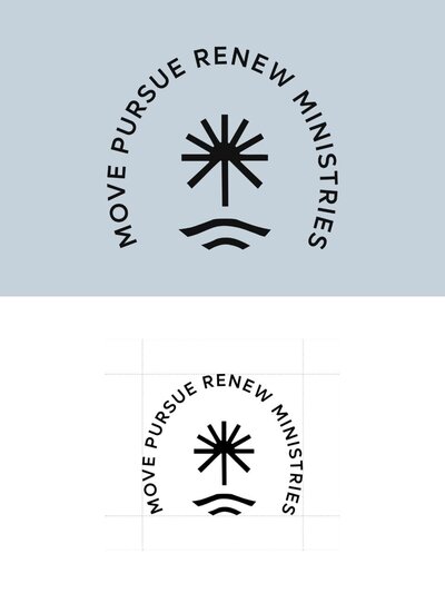 Alternate logo lockups for MPR Ministries, showcasing the emblem in different brand colorways and a circular layout with “Move Pursue Renew Ministries.”