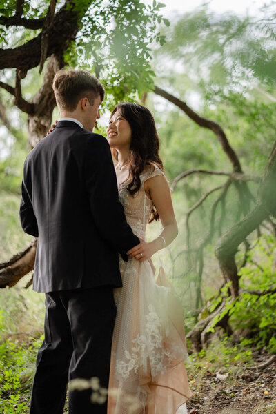 couple in wedding chapel sharing a quiet moment