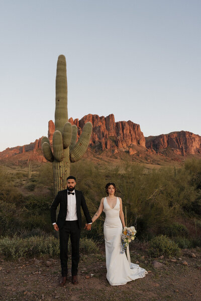 bride standing on rock cliff and rock formations spread out below her and in the distance