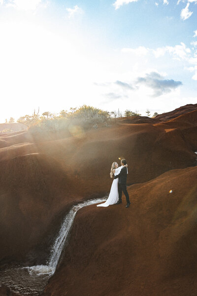 Bridge and groom near waterfall