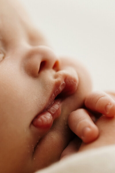 A close up portrait of a newborn  baby showing the little details of his little fingers and nose and lips, photographed by canterburys leading photographer lucy jane