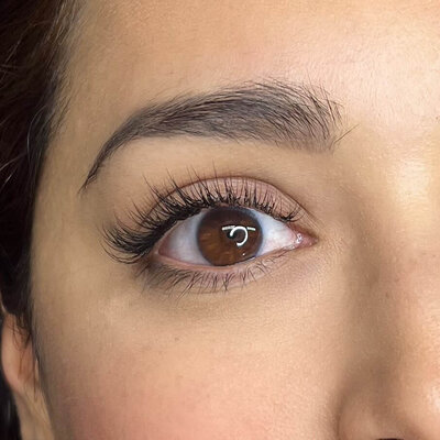Close up of brown eye with beautiful lash extensions