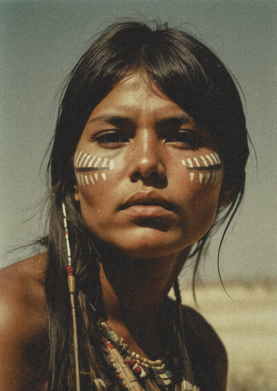 A woman with long hair, adorned in beaded jewelry and face paint stripes on her cheeks, embodies a unique brand identity while looking directly at the camera against an outdoor backdrop.