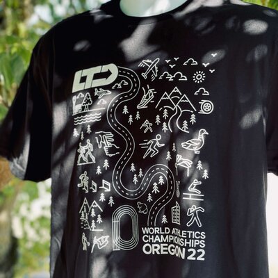 High quality black cotton t-shirt with with World Athletics Championships Oregon 22, and beautiful graphics printed in white ink.