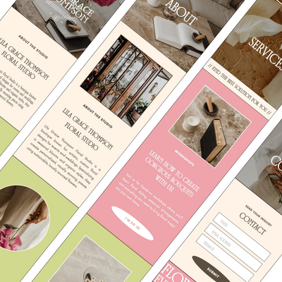A screenshot of the Lila Grace Thompson Floral Studio website mockup. The website features sections for "About," "Services," "Workshops," and "Contact." The design is clean and minimalist with a focus on high-quality images of floral arrangements.
