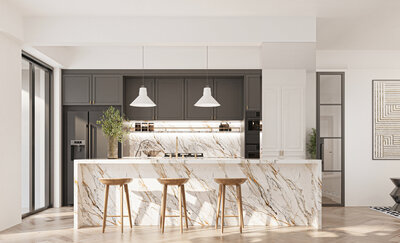 Kitchen island with three bar stools with two lights above