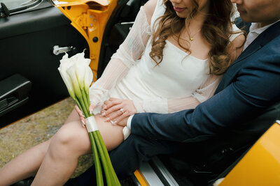 porsche-wedding-getaway-car-bride-holding-bouquet-1