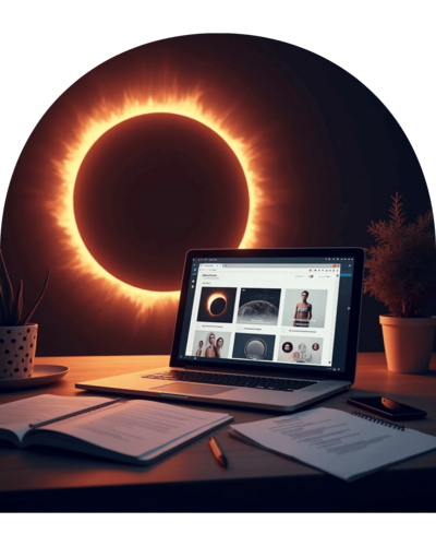 Scène créative de community management avec un ordinateur affichant des visuels pour réseaux sociaux devant une éclipse lumineuse, utilisée pour planifier et créer du contenu par Lili Créa Design à Saint-Nazaire en Loire-Atlantique