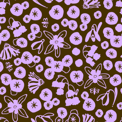 A repeating pattern of cowboy hats, balsamroot flowers, cacti, meadowlarks, curling western rope, and cowboy boots.