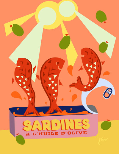 Illustrated in a mid-century modern style, sardines dance in an open fish tin as olives fall from the sky