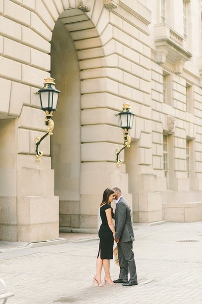 Bride and groom walk up memorial steps at their DC wedding