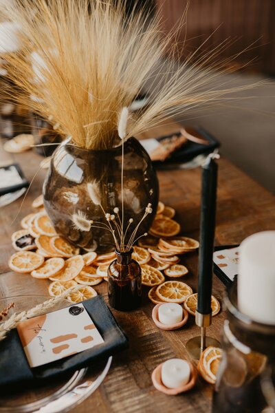tablescape for boho wedding dried fruits and florals