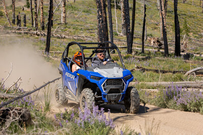 Bride and groom riding a blue off-road ATV on a dusty trail lined with wildflowers, kicking up dirt as they drive through a forest with charred tree trunks