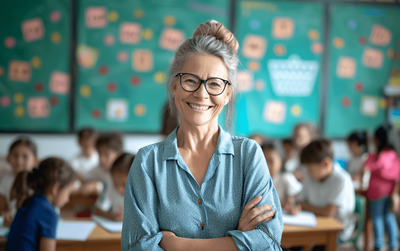 An elderly female teacher smile joyously in front of a classroom full of engaged learners