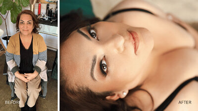 Transformation photo showing a boudoir client before and after makeup & hair styling